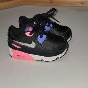 Nike (TD) Air Max 90 Girls Shoes Black/Metallic Silver - Sunset Pulse Size 6c